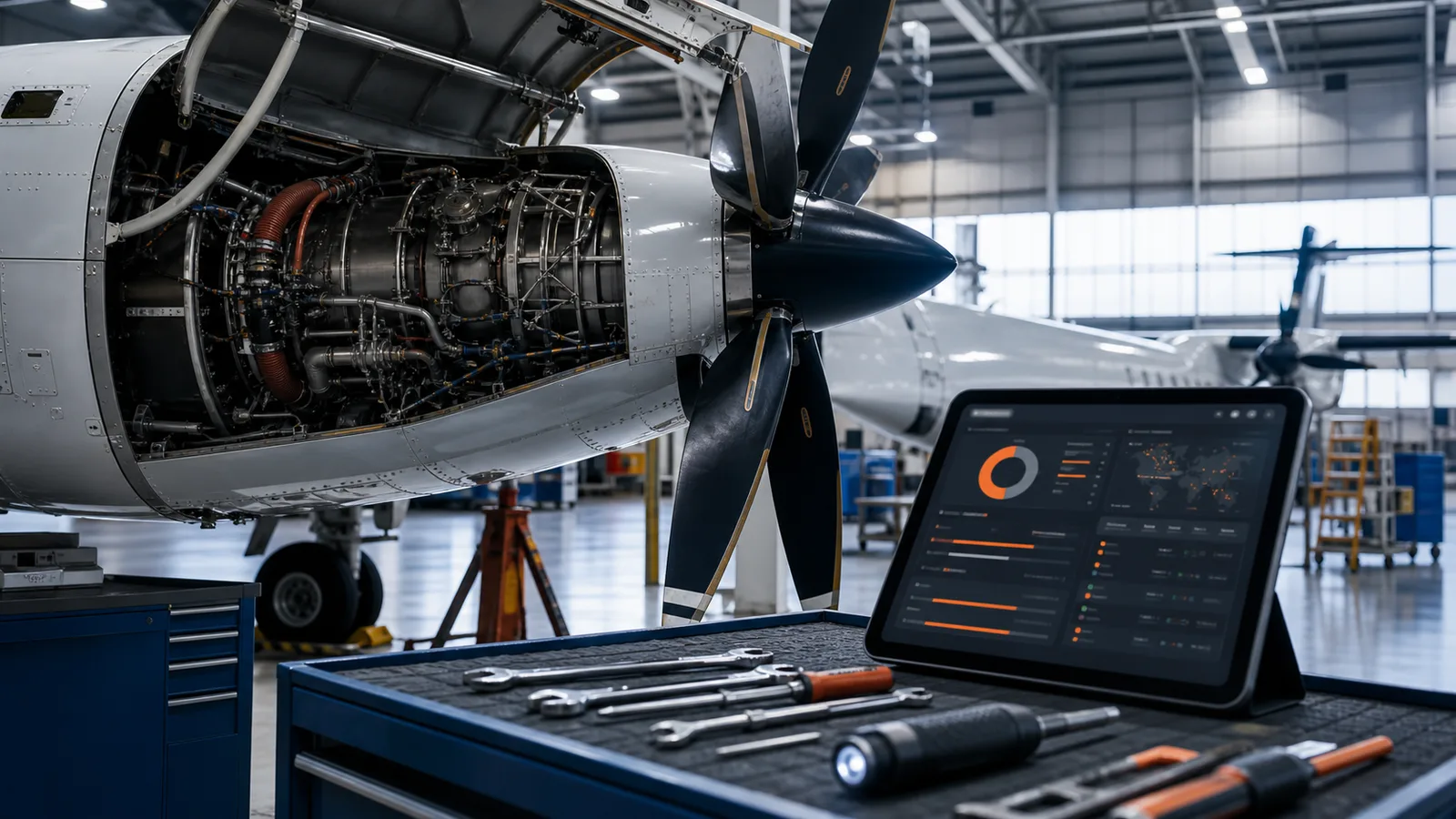 OTGM-generated abstract MRO and avionics cover art used for illustrative engagement profiles — Avionics & LRU exchange specialist case study
