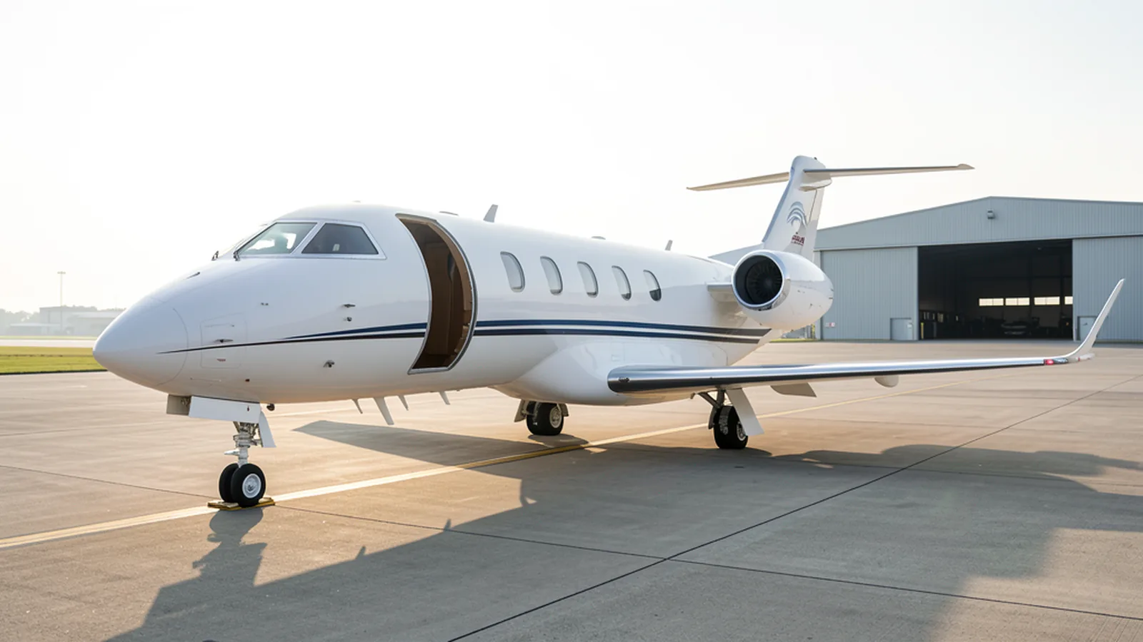 Business jet on a regional airport ramp with cabin door open beside a hangar