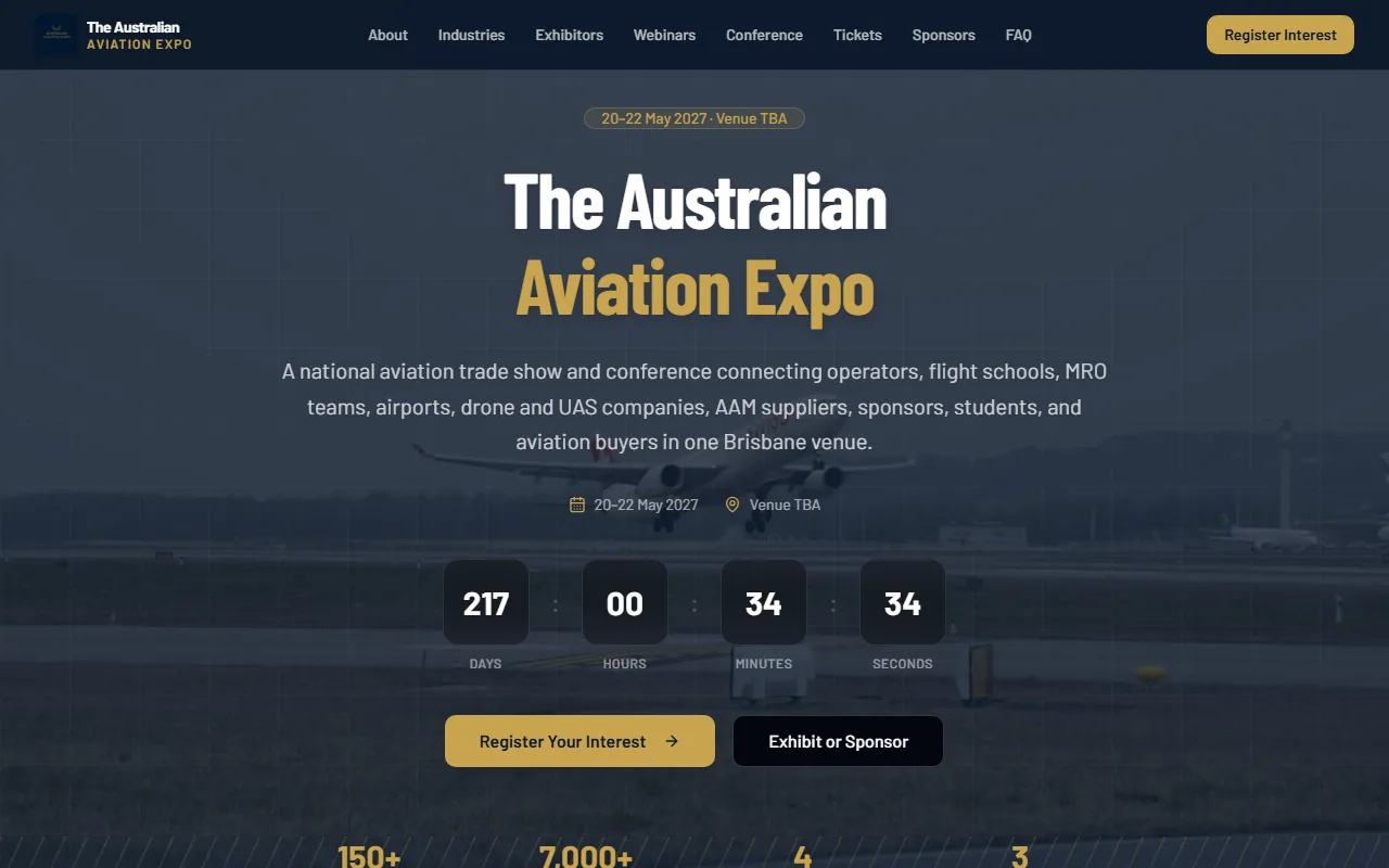 Australian Aviation Expo homepage with venue and event details — Australian Aviation Expo case study