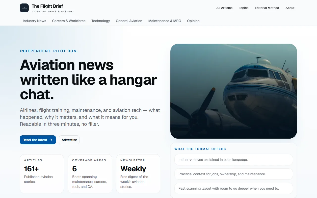 The Flight Brief aviation publication homepage showing current industry headlines — The Flight Brief case study